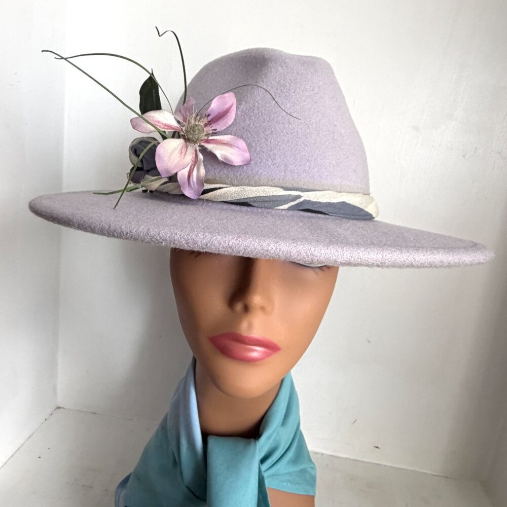 Vegan Dove Orchid Panama Fedora Gray Flat Wide Brimmed Scarf Wide Brim Hat New